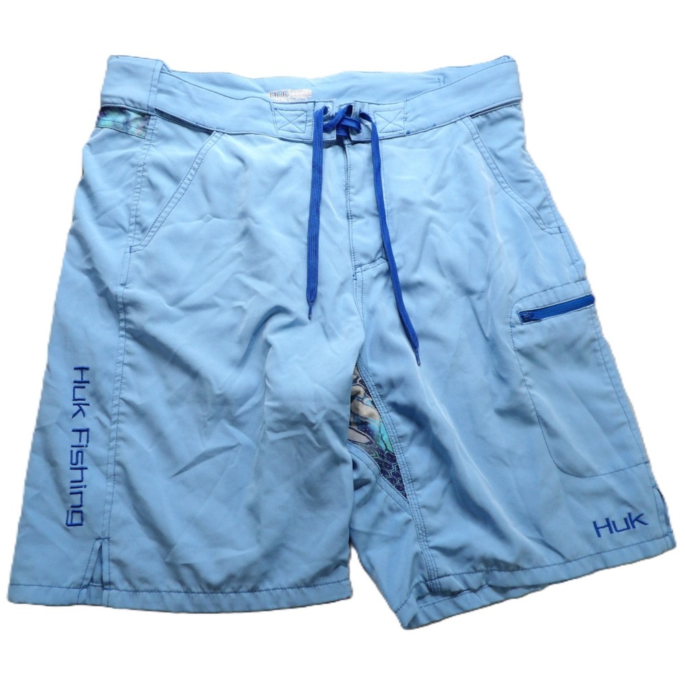 Huk Men Light Blue Fishing Performance Board Shorts Pocket Drawstring Large 34 9